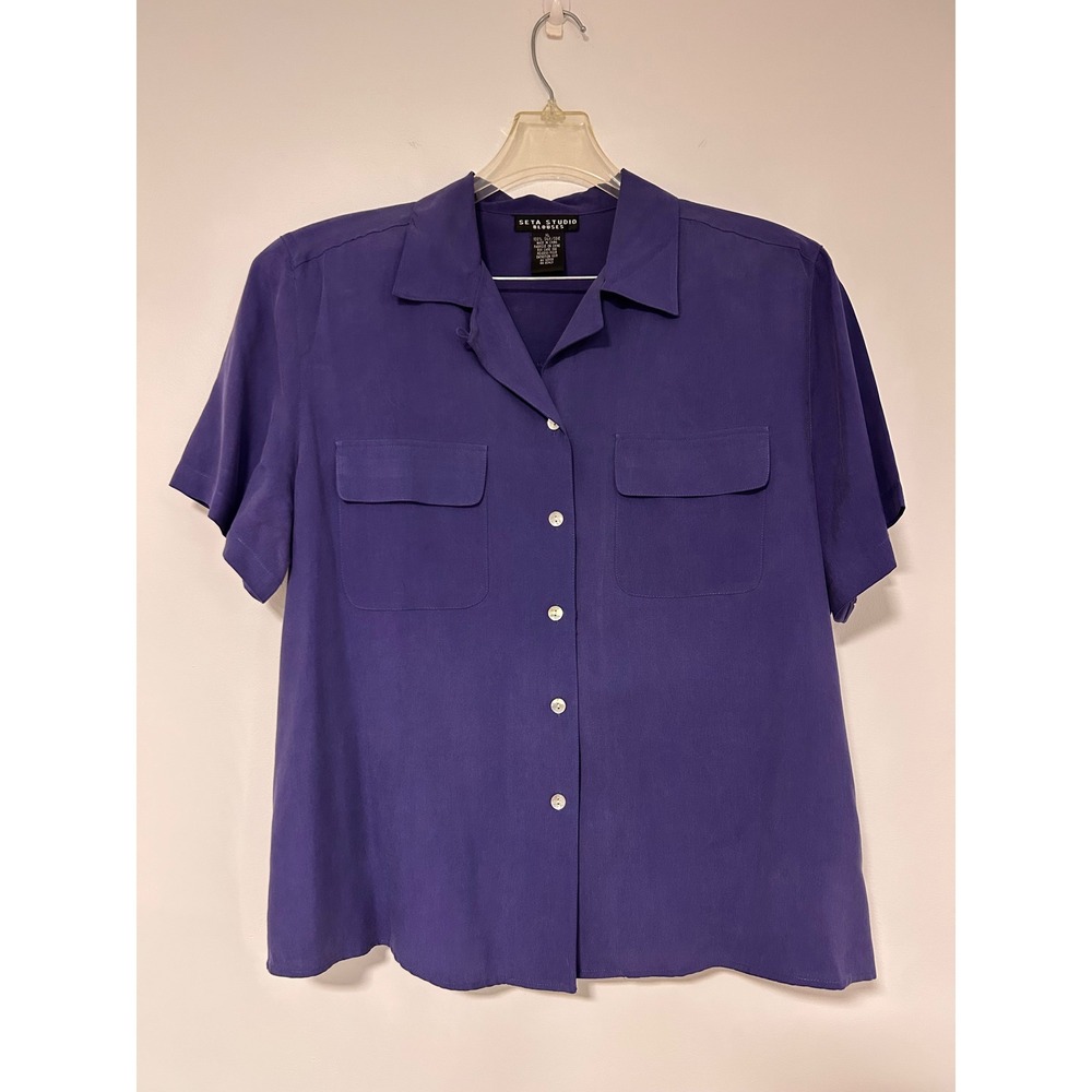 Seta Studio Blouses Purple 100% Silk Short Sleeve Button Down Shirt Women XL